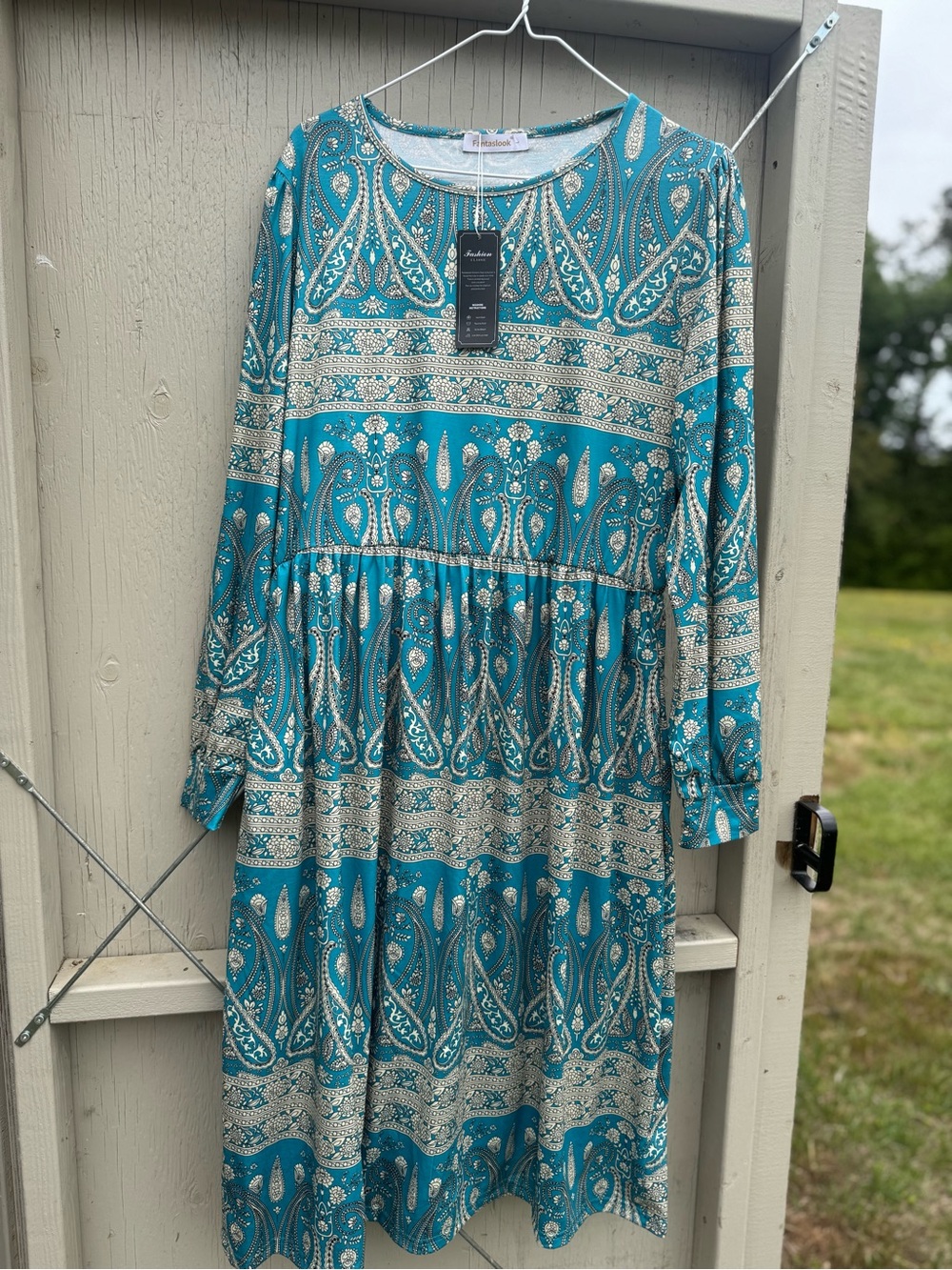Paisley Tiered Long-Sleeve Dress - Teal